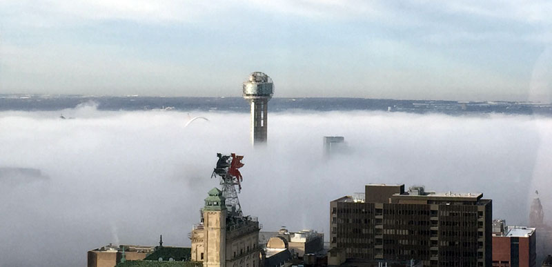 Image of Dallas, Texas landmarks in fog.
